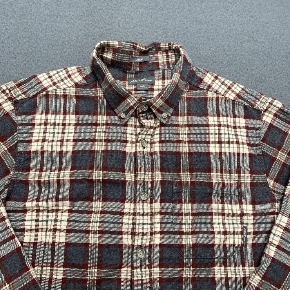 Eddie Bauer Shirt‎ Mens Medium Red Gray Plaid Flannel Classic Fit Cotton Outdoor